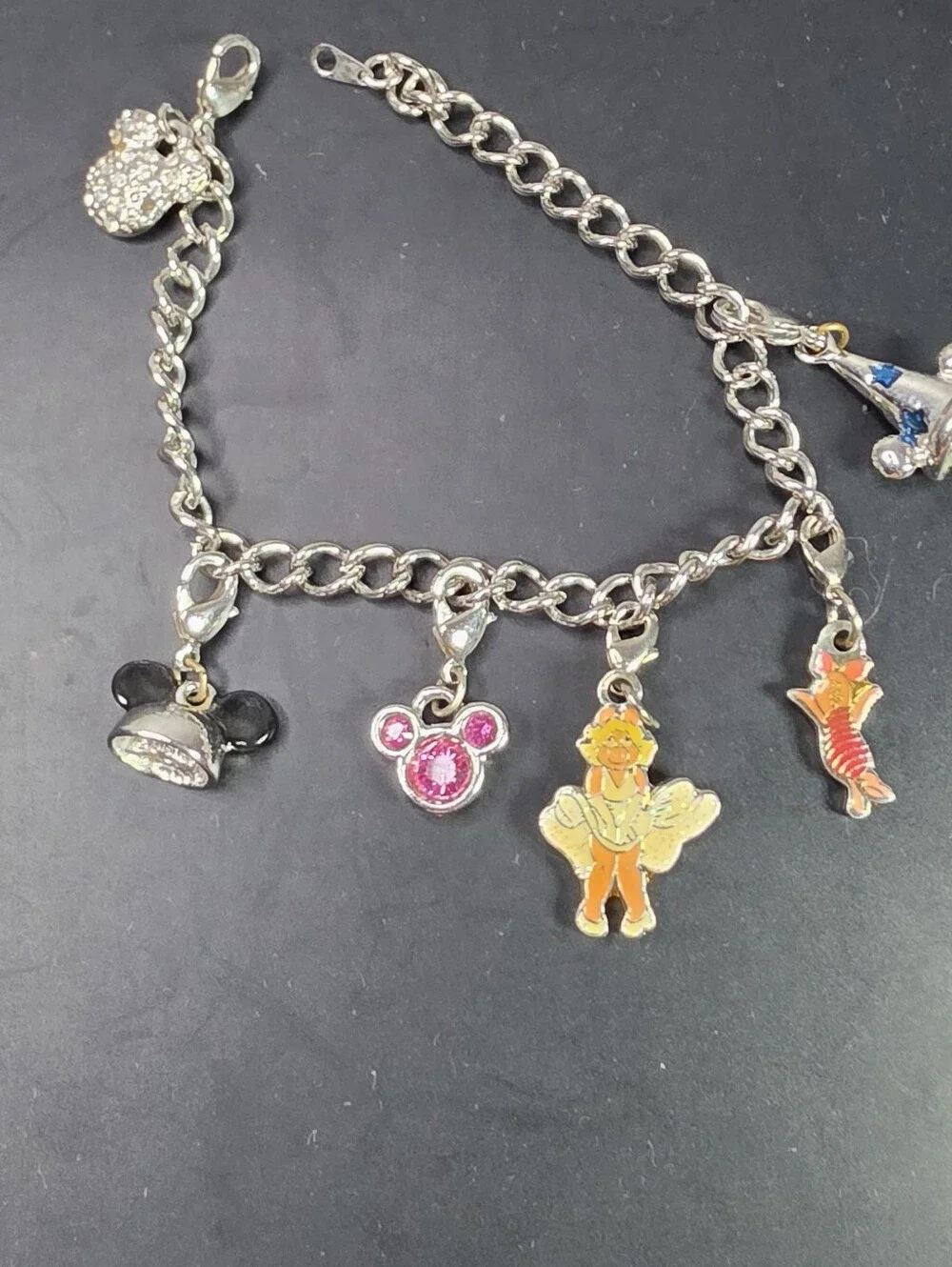 Kids Disney Silver Charm Bracelet with Pink and Black Mickey Charms